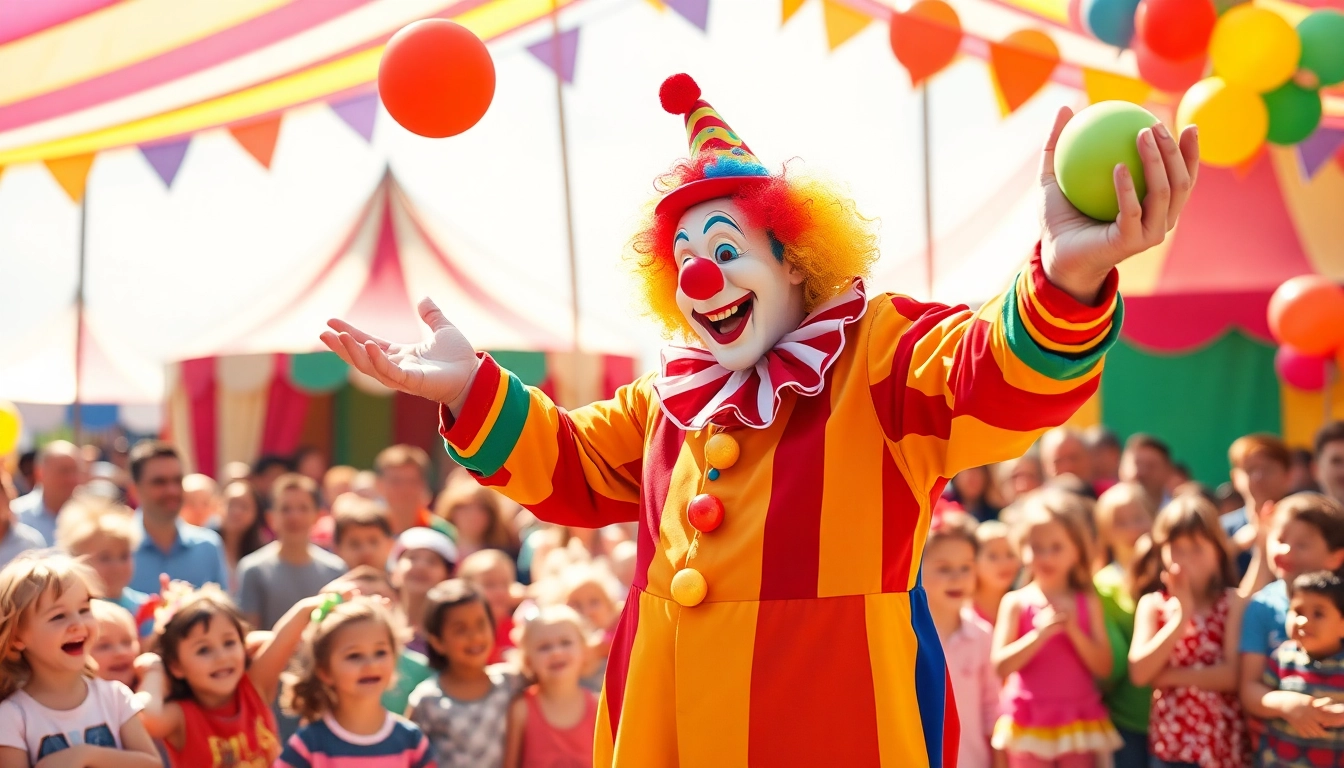 Excited clown show performer juggling for a cheerful audience at a circus.