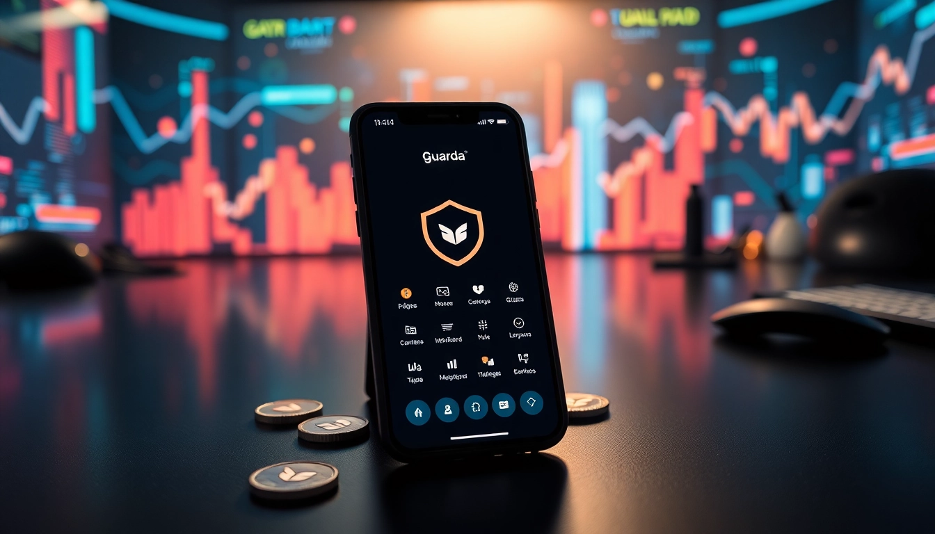 Showcase the guarda wallet app on a smartphone, highlighting its user-friendly interface and sleek design.