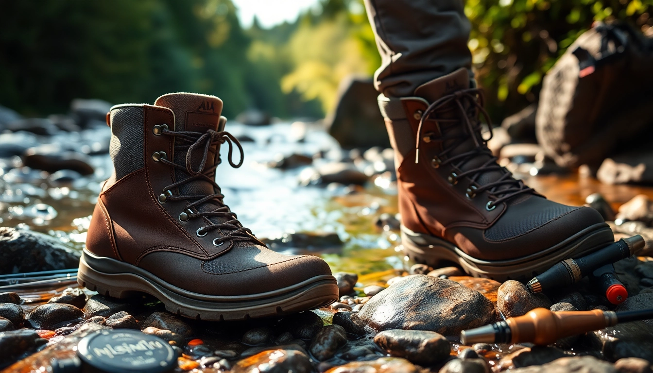 A close-up of high-quality Fly fishing boots on a riverbed, showcasing their rugged design and features.