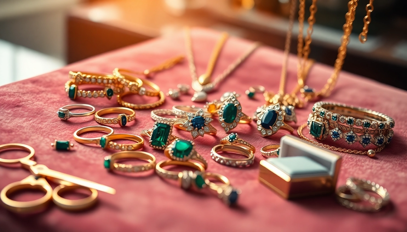 Admire exquisite jewelry with intricate designs and vibrant gemstones displayed elegantly.