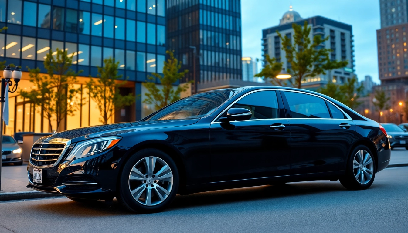 Experience town car service Vancouver with a premium black sedan parked near a modern hotel, exuding luxury.